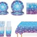 Frozen Party Plates Supplies, Blue and Purple Snowflake Winter Wonderland Disposable Tableware for Christmas Winter Holiday New Year Birthday Party Supplies Decorations, Serve 24
