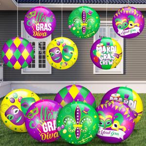 Jetec 12 Pcs Mardi Gras Inflatables Ball 9 Inches Large PVC Mardi Gras Ornaments Inflatable Outdoor Decorations Purple Green Yellow Blow up Balls for Outside Lawn Tree Yard Carnival Decor