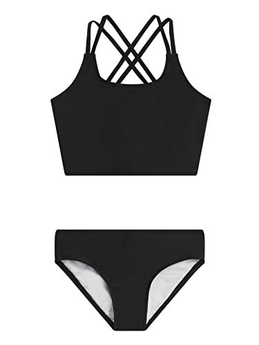 Kanu Surf Girls' Waverly UPF 50+ Beach Sport Criss-Cross Tankini, Solid Black, 12