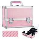 Joligrace Makeup Train Case Cosmetic Box 11.8 Inches Jewelry Organizer Professional 3 Tiers Trays with Mirror and Brush Holder Lockable Key Portable Travel Mermaid Pink