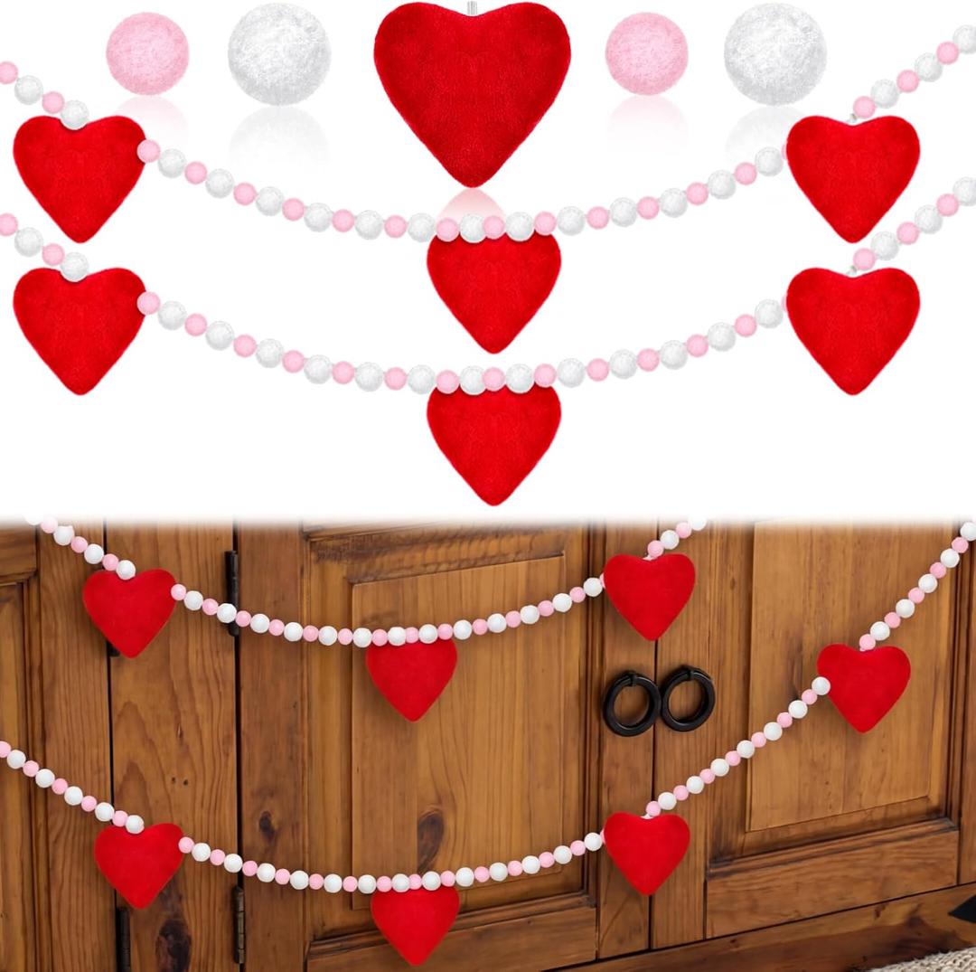 2 Pcs 6.5 FT Valentine's Day Garland Decorations Galentines 3D Red Velvet Heart Pom Poms Valentine Garland Pink White Fluffy Ball Pompoms Hanging Banners for Mantle Home Wedding Party Decor