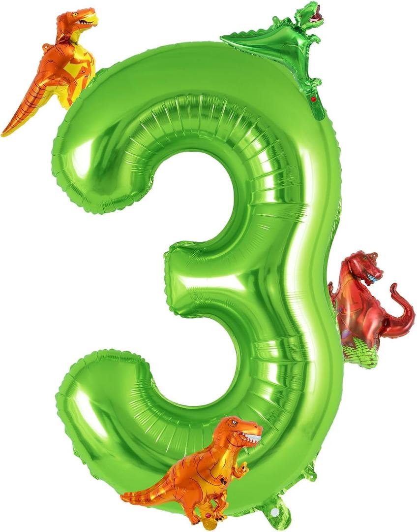 Dinosaur Green Number 3 Balloon, 40 Inch Big Large Foil Helium Green Number Balloon with 4 Pcs Mini Dinosuar, Dinosuar Mylar Balloons Set for 3 Year Old Birthday Party Decorations Supplies