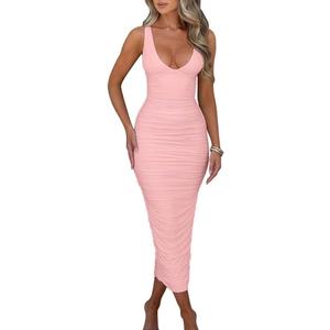 BEAGIMEG Women's Sexy Ruched Sleeveless Deep V Elegant Cocktail Evening Party Maxi Dress S