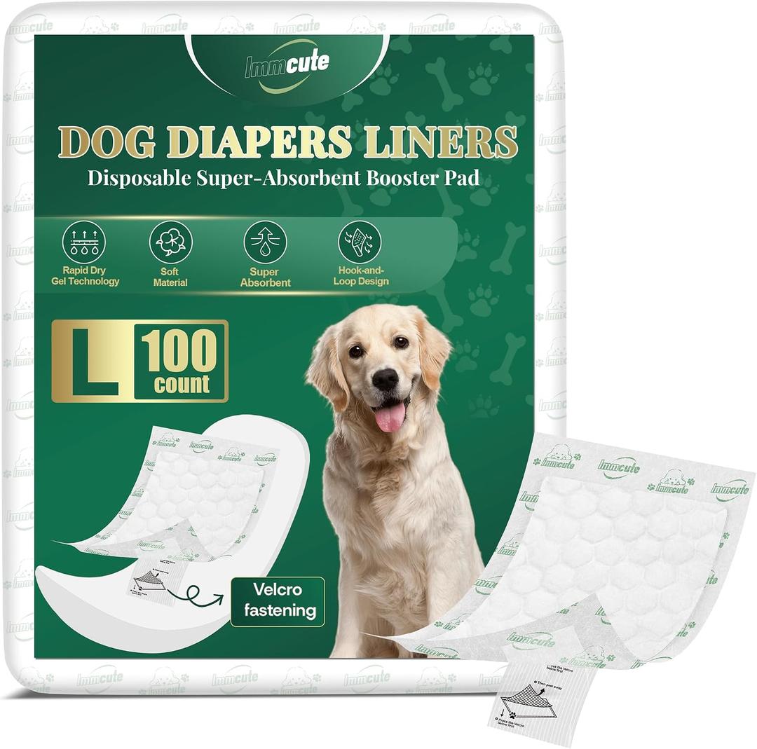 IMMCUTE Dog Diaper Liners, 100 Count, Ultra Absorbent Booster Pads with Hook & Loop, Non-Slip Doggie Diaper Inserts for Male Dog Wraps,Female Dogs in Heat & Incontinence, Large