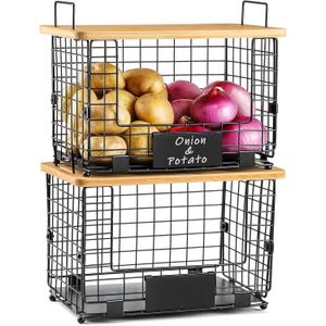 2 Set XL Stackable Wire Basket with Bamboo Tops & Tags- Pantry Organizer and Storage Bins, Kitchen Counter Cabinet Shelf Countertop Under Sink Organizing, Food Snack Produce Onion Potato Bread Storage