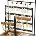 Jewelry Holder Organizer Stand 4-Tier Necklace Stand Earring Holder with Wooden Tray, Jewelry Rack for Bracelets Watches and Rings Display Stand, Gifts for Women & Girls-Black