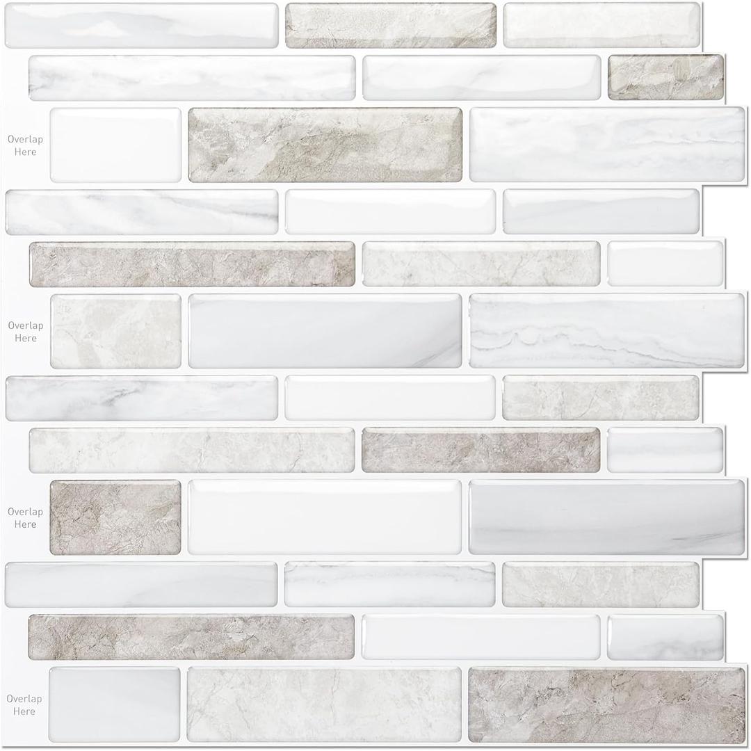 LONGKING 10 Sheet Marble Peel and Stick Backsplash for Kitchen,Self-Adhesive Tile Backsplash for Kitchen, Bathroom, 12" x 12", (Beige & White)