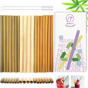 Daily Treasures 18pcs Bamboo Reusable Straws, 7.9 Inch Natural Biodegradable Straight Boba Smoothie Alternative with 2 Nylon Brushes