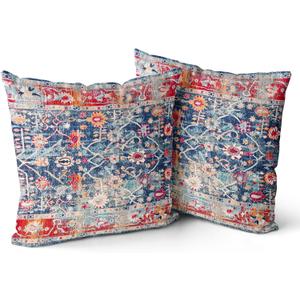 Snycler Boho Pillow Covers 18x18 inch Set of 2 Boho Carpet Throw Pillows for Couch Navy Blue Red Geometric Floral Decorative Pillow Cases Farmhouse Home Decor for Sofa Porch Patio Bed Room Outdoor