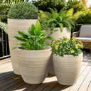 ZMTECH 4 Pack Plastic Planters 21/18/12/10in, Beige Faux Stone Finish Round Flower Pots with Drainage Holes & Saucers, Large Tall Plant Pots for Indoor Outdoor, Patio Garden Decor, Plant Containers