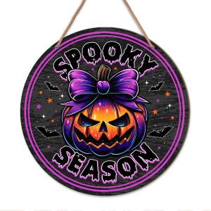 2 x Pumpkin Bats Spooky Season Halloween Door Wooden Sign Decor, Happy Halloween Wood Hanging Signs Party Decorations for Home Office Bathroom Yard Front Door