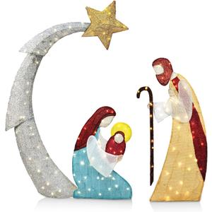 JOIEDOMI 5FT 3D Christmas Nativity Scene Tinsel Yard Light 140 Pre-Lit LED Warm White Lights with Metal Stakes for Indoor Outdoor Garden Holiday Decoration, Christmas Event, Christmas Eve Night Dcor