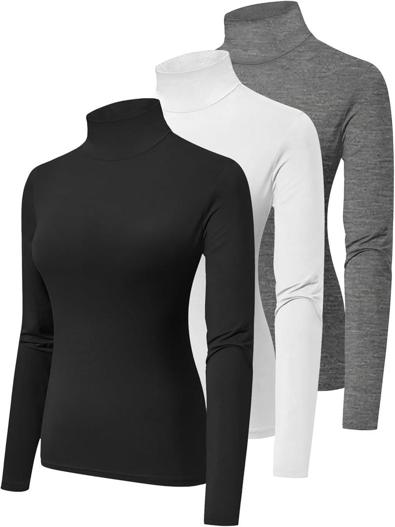 HOPLYNN 3 Pack Turtlenecks Women Long Sleeve Pullover Baselayer Undershirts Tops Turtle Neck Mock Shirts (Large, 3 Pack: 1 Black 1 Grey 1 White)