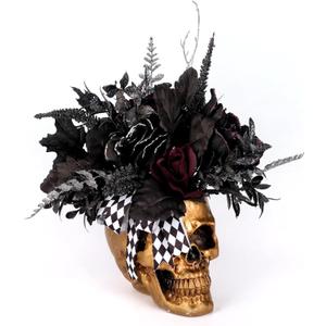 Halloween Decor, Gold Resin Skull Planter with Faux Plants Halloween Skull Decor for Home Coffee Table Bookshelf Dining Table Centerpiece, 14" H (Gold/Black/White/Red)