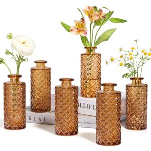 ComSaf Glass Bud Vases Set of 6, Small Diamond Bud Vases in Bulk, Mini Flowers Vases for Centerpieces, Vintage Bottle for Table Decorations, Wedding Decor, Recepetion, Home, (Amber)