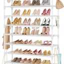 LANTEFUL 11 Tiers Tall Shoe Rack Holds 55 Pairs of Shoes with 18pcs Hooks Sturdy Wide Shoe Organizer Storage Free Standing Metal Shoe Shelf for Closet, Entryway White, 11 Tier-74.8" High-34" Wide