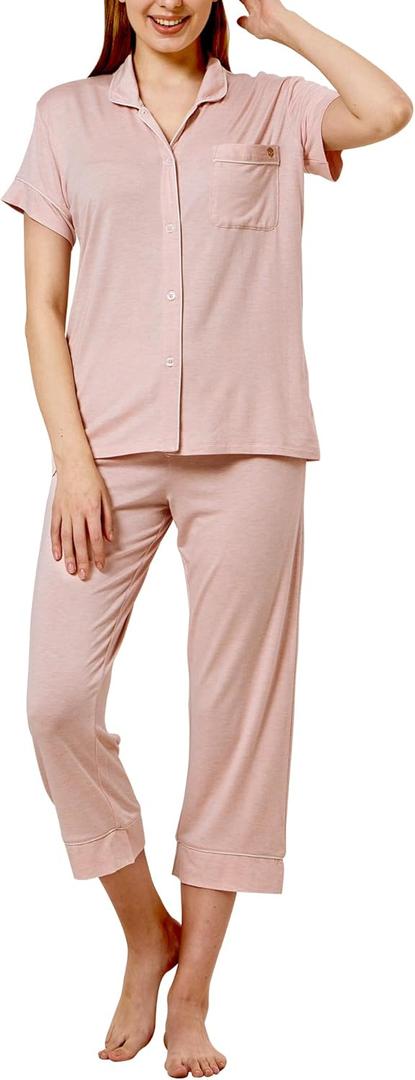 Women's Pajamas Sets 2 Piece Womens Short Sleeve Capri Pants Pajama Sets Tencel Rayon Cotton Pj Sets S-3XL (M)