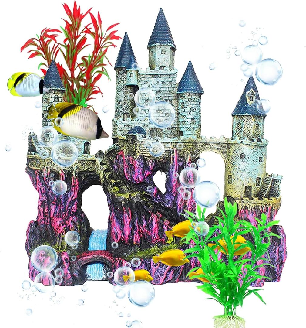 Aquarium Castle Decor, Resin Castle for Fish Tank with Randomly Color Plants Decorations Accessories for Freshwater and Saltwater Fish Tanks (blue)
