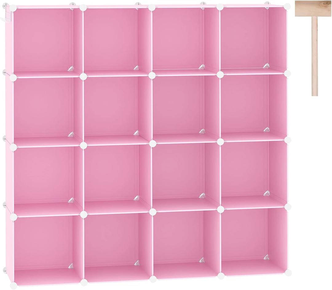 C&AHOME Cube Storage Organizer, 16-Cube Shelves Units, Plastic Storage Cubes, DIY Closet Organizer, Modular Closet Storage Shelves Ideal for Home, Bedroom, 48.4" L  12.4" W  48.4" H Pink UPCS16P