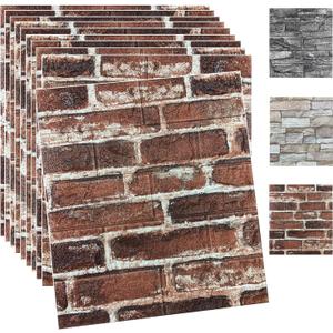 10PCS 3D Wall Panels Peel and Stick Foam 3D Brick Wallpaper Peel and Stick Red Faux Stone Wall Panel Self-Adhesive Wallpaper (10PCS, Red)