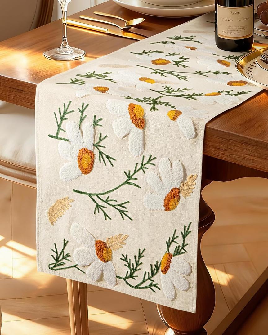 Canvas Embroidered Table Runner - 13"x 72" Coffee Table Runner for Living Room Narrow Tablerunner for Dining Room Washable Neutral Kitchen Island Counter Decor Housewarming Gift, Beige Daisy