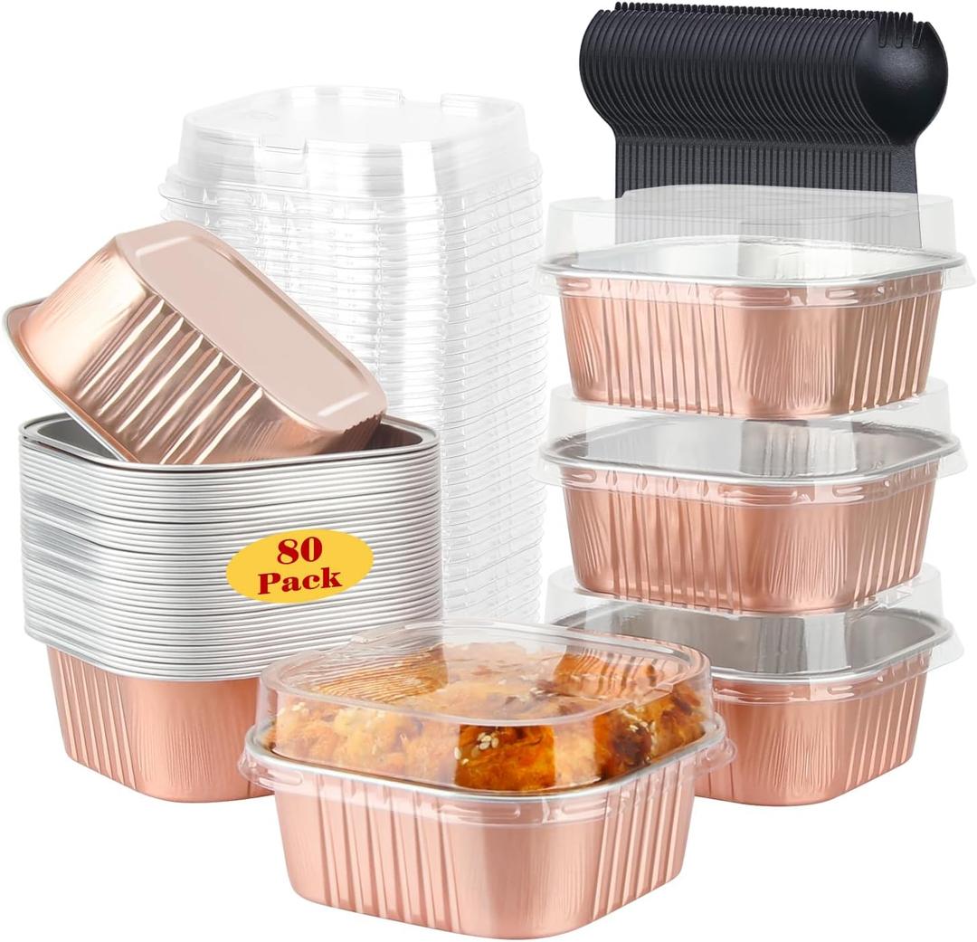 LNYZQUS 10oz/80pack Mini Cake Tins with Lids, 4x4 Mini Foil Pans Disposable Brownie Baking Cups, Small Aluminum Bread Muffin Pan Jumbo Cupcake Containers Holders-Champagne