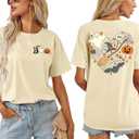 Halloween Shirts Women Fall Pumpkin Tshirt Ghost T Shirt Skeleton Tops Casual V Neck Short Sleeve Tees (Yellow, XL)