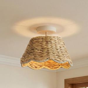 Handwoven Rattan Semi Flush Mount, Farmhouse Ceiling Light with White Metal Ceiling Mount, Natural Wicker Basket Ceiling Lamp for Bedroom, Kitchen, Boho Home Decor (12.2" D x 6.7" H), 18 Inch