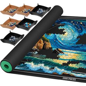 Jigsaw Puzzle Mat Roll Up, Portable Saver Pad 48 x 30.7 Up to 2000 Pieces, Puzzles Matt Rollup with Non-Slip Rubber Bottom & Smooth Top. (6 Puzzle Sorting Trays & 1 Storage Bag) (Black)