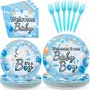 96Pcs Welcome Home Baby Boy Party Decorations Welcome Baby Boy Birthday Plates and Napkins Tableware Sets for Boys Baby Shower Gender Reveal Newborn Birthday Party Supplies Serves 24