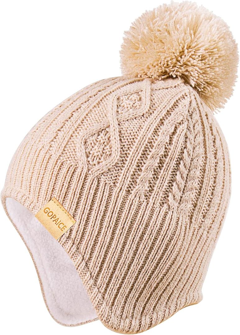 Kids Winter Beanie Hat and Scarf Set with Pom Pom for Girls, Children's Thick Ski Cap with Earflap Fleece Lined Hat 3-9 Years (Beige)