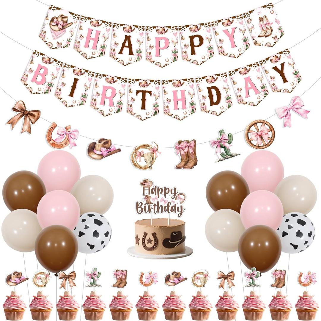 Cowgirl Bow Birthday Party Decorations Pink Cowgirl Bow Happy Birthday Banner Garland Western Hat and Boots Cupcake Cake Toppers for Western Boots Bday Party Supplies