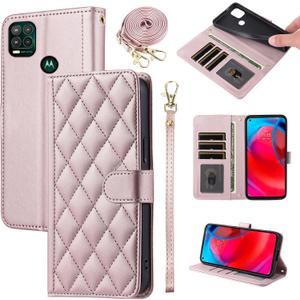 Argyle Wallet Case for Moto G Stylus 5G 2021 with Wrist Strap Shoulder Strap Card Slots Folio Purse, Luxury PU Leather Stand Accessories Phone Cover for Motorola GStylus G5 XT2131DL Rose Gold (Pink)