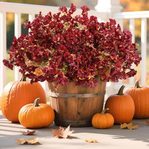 10PCS Outdoor Fall Faux Flowers UV Resistant Morning Glory Artificial Flowers Eucalyptus Plants for Autumn Garden Patio Window Box Planter Home Decor (Burgundy)