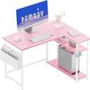 Pamray 40 Inch L Shaped Computer Desk with Reversible Side Storage Shelves, Small Corner Desk for Small Space Home Office, Writing Study Table PC Desk for Bedroom, Pink