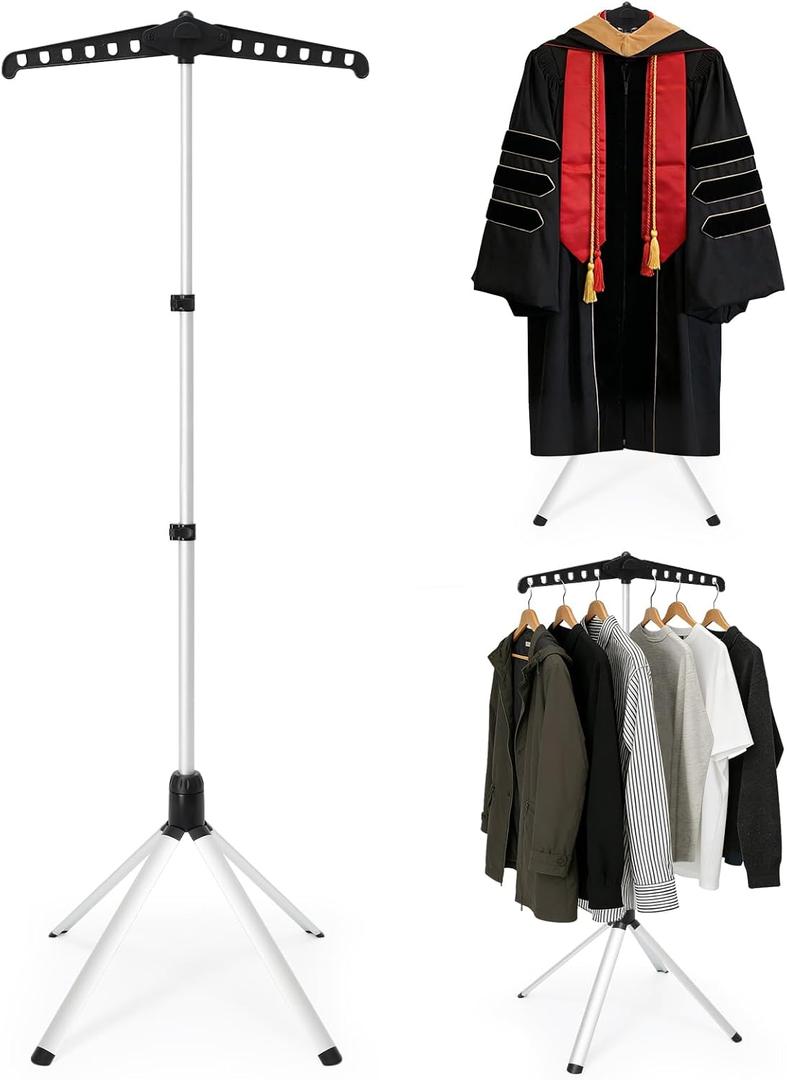2 IN 1 T Shirt Display Stand, 32-63 inch Adjustable Cap and Gown Display Stand, Portable Hanging Black Metal Clothes Display, Hanger Rack for Clothing Dress Garment Coat Retail