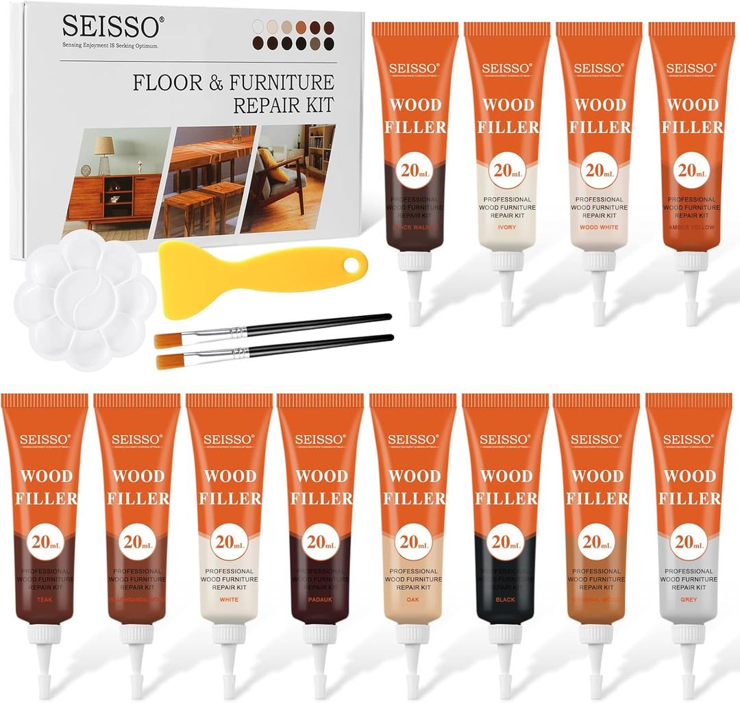 SEISSO 12 Colors Furniture Wood Floor Repair Kit, Furniture Touch Up Kit Cover Wood Furniture Scratch Restorer Filler for Table, Door, Desk, Cabinet