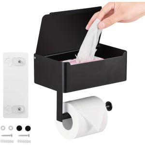 Toilet Paper Holder with Shelf,Rustproof Flushable Wipes Dispenser,Self Adhesive Drilling Toilet Paper Holder Wall Mount,Tissue Holders with Storage,Wipe Holders for Bathroom(Single roll)