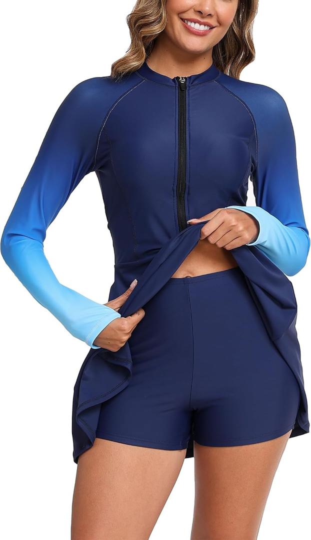 Women Two Piece Rash Guard Sets UPF50+ Swim Dress with Shorts, Large 