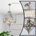 Brushed Nickel Chandeliers for Dining Room, Rustic Farmhouse Crystal Chandelier with Round Metal Shade, Modern 6-Light Large Light Fixture for Hallway, Bedroom, Foyer