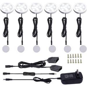 AIBOO 12V LED Under Cabinet Lights Kit 6 Pack Black Cord Aluminum Puck Lamps for Kitchen Counter Closet Lighting with Manual on/Off Switch 12W 6 Lights (6000K Daylight White)