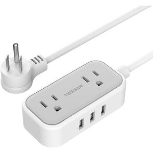 Small Power Strip, TESSAN Extension Cord with 2 AC Outlets 3 USB Ports, Mini Desk Charging Station for Cruise Travel Office School Dorm Room Essentials, 5 FT (Grey White)