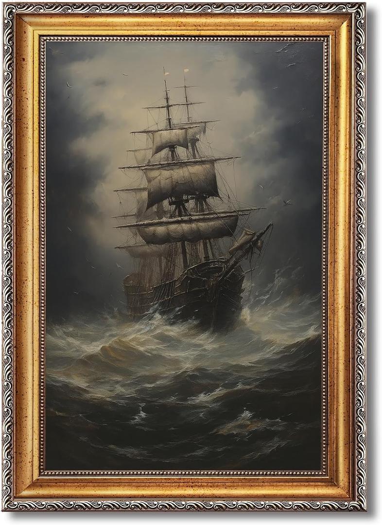 Framed Old Ship in Stormy Seas Canvas Print Vintage Dramatic Sailing Ship at Sea Poster Oil Painting Classic Elegant Wall Art for Living Room Bedroom Office Nautical Wall Decor 24x36inch