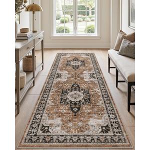 DEXI Hallway Washable Runner Rug 3x8, Vintage Farmhouse Thin Kitchen Runner with Non Slip Backing, Soft Entryway Floor Rug, Stain Resistant Distressed Carpet for Bedroom Living Room, Brown