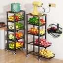Fruit Vegetable Storage Basket for Kitchen, 5 Tier Large Pull-Out Metal Wire Baskets with 4 Pack Mats Bottom, Wood Top and Wheels, Vegetable Produce Bins Stand Cart Rack for Onions and Potatoes