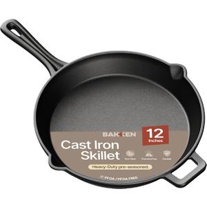 Bakken 12" Cast Iron Skillets, Pre-Seasoned Frying Pan with Even Heat Retention Cooking, Versatile for Stove, Oven, Grill & Campfire, Easy-Grip Handles, Hand Wash Only, 6.61 lbs