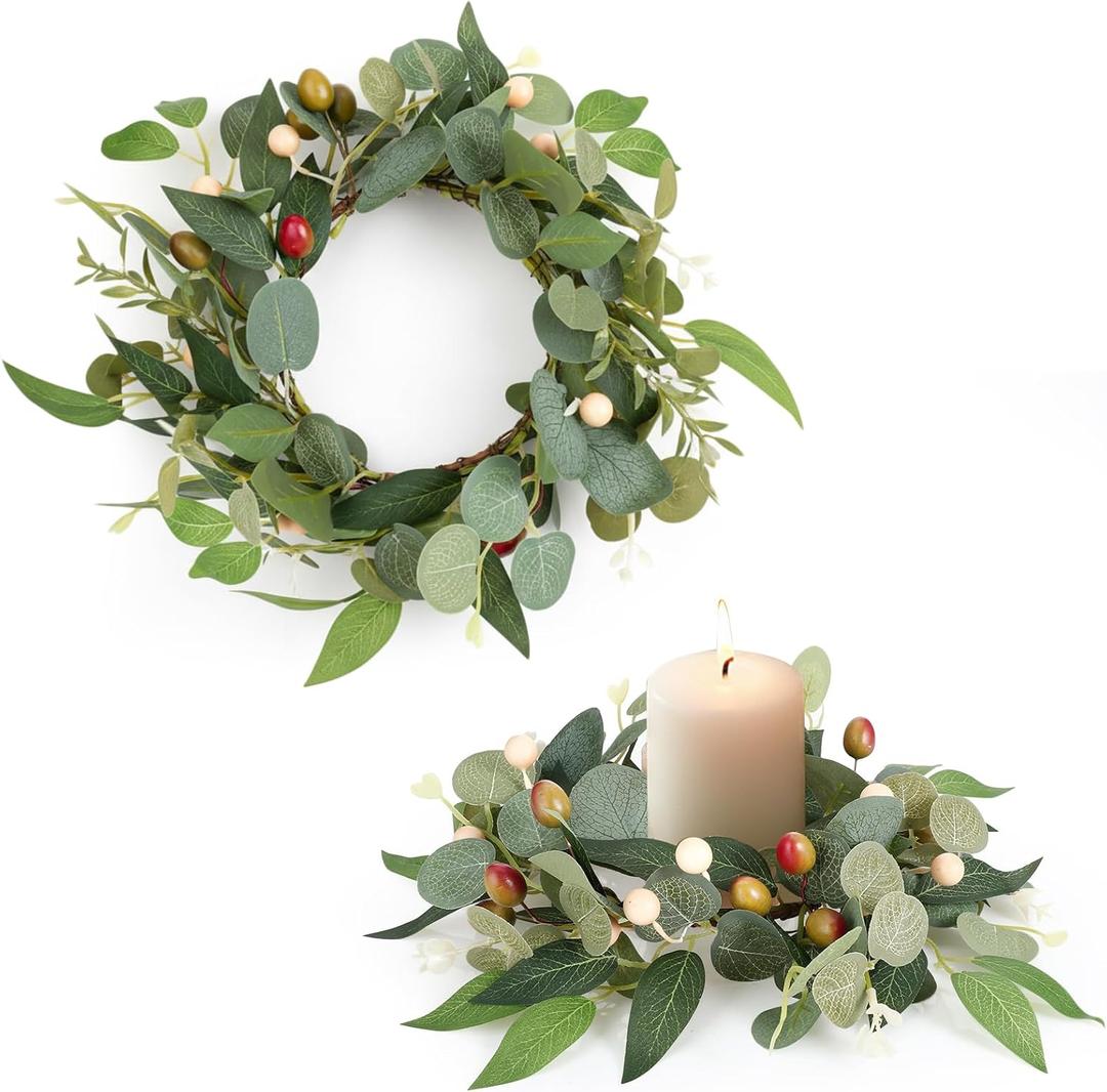 2 Pcs 4 Inch Mini Eucalyptus Wreaths for Candles, Spring Candle Rings with Olive Leaves Berries Candle Garland Pillar 3.94 Inch Small Wreath Decor for Centerpiece Cabinet Table