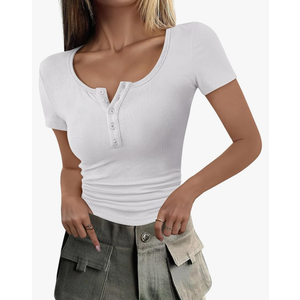 ANRABESS Women's 2025 Spring Summer Short Sleeve Tops Ribbed Knit Henley Button Up Slim Fit Basic Casual T Shirts Blouse, SIZE L