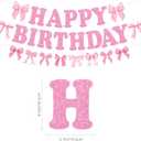 46Pcs Pink Bow Birthday Party Decorations Include Happy Birthday Banner-Cake Topper-Cupcake Toppers-Balloons-Backdrop for 7th Birthday Decorations for Girls