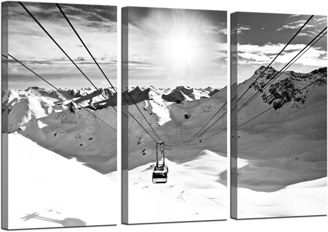 Biuteawal 3 Piece Winter Wall Art Black and White Ski Lift at Sunshine Pictures Canvas Print Snow Mountain Landscape Painting Artwork for Home Living Room Decor Framed Ready to Hang